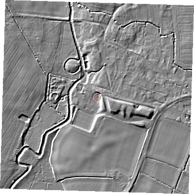 Shaded relief map of the ground around CB227GG, computed from Environment Agency LiDAR. The ground here sits at about 12 m above sea level and falls 7 m across the surrounding 800 m. Surface water reaching this point runs off ground lying to the east-south-east, 5.1 m higher.