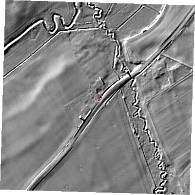 Shaded relief map of the ground around CB227NJ, computed from Environment Agency LiDAR. The ground here sits at about 14 m above sea level and falls 6 m across the surrounding 800 m. Surface water reaching this point runs off ground lying to the south-west, 4.9 m higher.