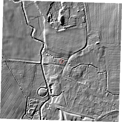 Shaded relief map of the ground around CB227NT, computed from Environment Agency LiDAR. The ground here sits at about 13 m above sea level and falls 8 m across the surrounding 800 m. Surface water reaching this point runs off ground lying to the north-east, 6.1 m higher.