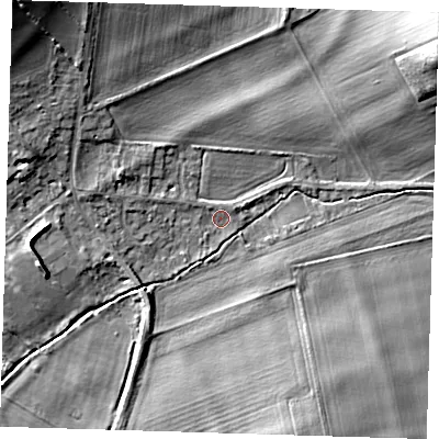 Shaded relief map of the ground around CB227PH, computed from Environment Agency LiDAR. The ground here sits at about 17 m above sea level and falls 13 m across the surrounding 800 m. Surface water reaching this point runs off ground lying to the north-east, 1.2 m higher.