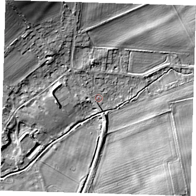 Shaded relief map of the ground around CB227PW, computed from Environment Agency LiDAR. The ground here sits at about 17 m above sea level and falls 14 m across the surrounding 800 m. Surface water reaching this point runs off ground lying to the west, 3.6 m higher.