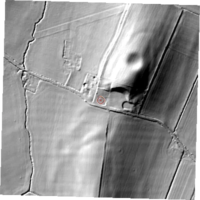 Shaded relief map of the ground around CB231HT, computed from Environment Agency LiDAR. The ground here sits at about 39 m above sea level and falls 21 m across the surrounding 800 m. Surface water reaching this point runs off ground lying to the north-east, 9.0 m higher.