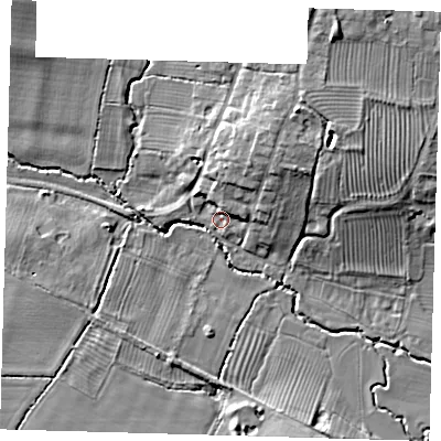 Shaded relief map of the ground around CB232RJ, computed from Environment Agency LiDAR. The ground here sits at about 25 m above sea level and falls 14 m across the surrounding 800 m. Surface water reaching this point runs off ground lying to the north-north-east, 8.0 m higher.