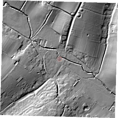 Shaded relief map of the ground around CB232SH, computed from Environment Agency LiDAR. The ground here sits at about 37 m above sea level and falls 23 m across the surrounding 800 m. Surface water reaching this point runs off ground lying to the north, 6.7 m higher.