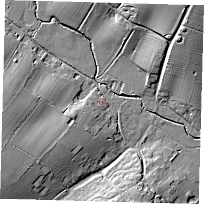 Shaded relief map of the ground around CB232SS, computed from Environment Agency LiDAR. The ground here sits at about 40 m above sea level and falls 24 m across the surrounding 800 m. Surface water reaching this point runs off ground lying to the south-west, 9.4 m higher.