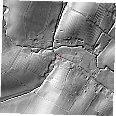 Shaded relief map of the ground around CB232ST, computed from Environment Agency LiDAR. The ground here sits at about 39 m above sea level and falls 21 m across the surrounding 800 m. Surface water reaching this point runs off ground lying to the south, 17.8 m higher.