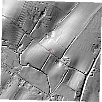 Shaded relief map of the ground around CB232SX, computed from Environment Agency LiDAR. The ground here sits at about 49 m above sea level and falls 28 m across the surrounding 800 m. Surface water reaching this point runs off ground lying to the east-north-east, 4.5 m higher.
