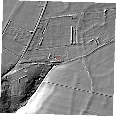 Shaded relief map of the ground around CB232TB, computed from Environment Agency LiDAR. The ground here sits at about 61 m above sea level and falls 18 m across the surrounding 800 m. Surface water reaching this point runs off ground lying to the west-north-west, 0.8 m higher.
