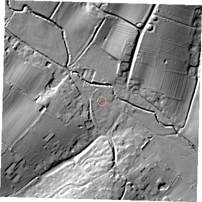 Shaded relief map of the ground around CB232TJ, computed from Environment Agency LiDAR. The ground here sits at about 37 m above sea level and falls 23 m across the surrounding 800 m. Surface water reaching this point runs off ground lying to the south-west, 2.1 m higher.