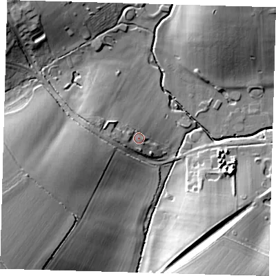 Shaded relief map of the ground around CB232TT, computed from Environment Agency LiDAR. The ground here sits at about 40 m above sea level and falls 27 m across the surrounding 800 m. Surface water reaching this point runs off ground lying to the west, 4.4 m higher.