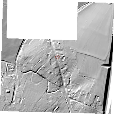 Shaded relief map of the ground around CB233PQ, computed from Environment Agency LiDAR. The ground here sits at about 54 m above sea level and falls 19 m across the surrounding 800 m. Surface water reaching this point runs off ground lying to the east-north-east, 3.4 m higher.