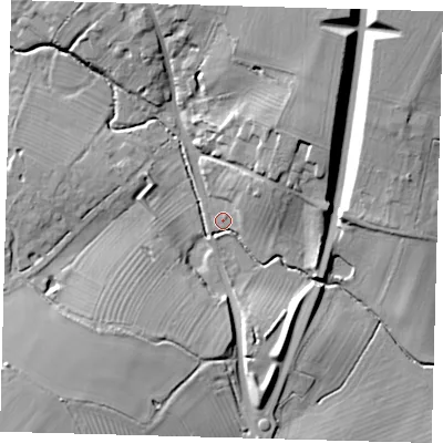 Shaded relief map of the ground around CB233PW, computed from Environment Agency LiDAR. The ground here sits at about 44 m above sea level and falls 19 m across the surrounding 800 m. Surface water reaching this point runs off ground lying to the north-north-east, 17.5 m higher.