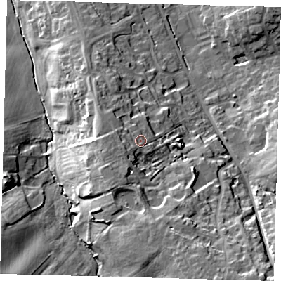 Shaded relief map of the ground around CB233QN, computed from Environment Agency LiDAR. The ground here sits at about 45 m above sea level and falls 27 m across the surrounding 800 m. Surface water reaching this point runs off ground lying to the west-south-west, 4.5 m higher.