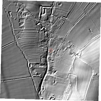 Shaded relief map of the ground around CB233QU, computed from Environment Agency LiDAR. The ground here sits at about 21 m above sea level and falls 25 m across the surrounding 800 m. Surface water reaching this point runs off ground lying to the south-east, 23.3 m higher.