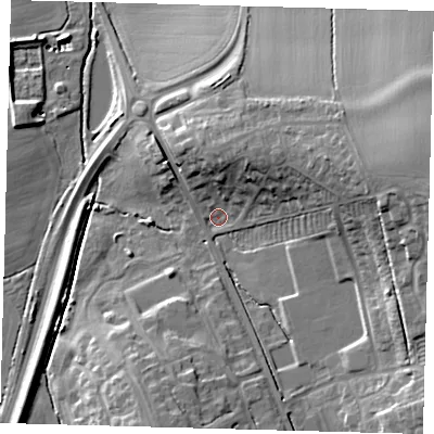 Shaded relief map of the ground around CB233RJ, computed from Environment Agency LiDAR. The ground here sits at about 28 m above sea level and falls 22 m across the surrounding 800 m. Surface water reaching this point runs off ground lying to the east, 16.8 m higher.