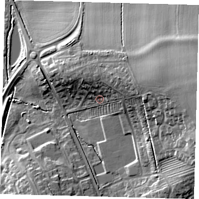 Shaded relief map of the ground around CB233RL, computed from Environment Agency LiDAR. The ground here sits at about 33 m above sea level and falls 25 m across the surrounding 800 m. Surface water reaching this point runs off ground lying to the east-north-east, 9.9 m higher.