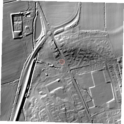 Shaded relief map of the ground around CB233TH, computed from Environment Agency LiDAR. The ground here sits at about 28 m above sea level and falls 21 m across the surrounding 800 m. Surface water reaching this point runs off ground lying to the north-east, 10.7 m higher.