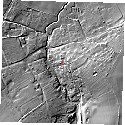 Shaded relief map of the ground around CB234HT, computed from Environment Agency LiDAR. The ground here sits at about 29 m above sea level and falls 24 m across the surrounding 800 m. Surface water reaching this point runs off ground lying to the east-south-east, 8.2 m higher.