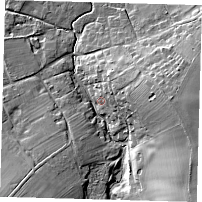 Shaded relief map of the ground around CB234HX, computed from Environment Agency LiDAR. The ground here sits at about 25 m above sea level and falls 24 m across the surrounding 800 m. Surface water reaching this point runs off ground lying to the east-north-east, 9.3 m higher.