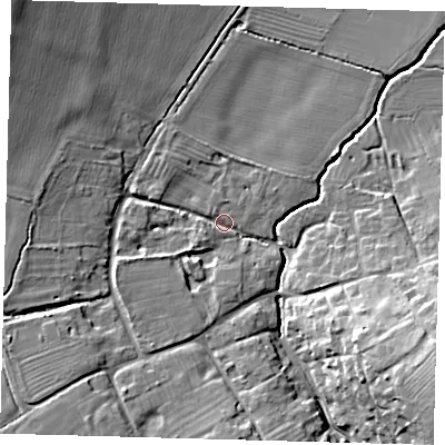 Shaded relief map of the ground around CB234JE, computed from Environment Agency LiDAR. The ground here sits at about 22 m above sea level and falls 19 m across the surrounding 800 m. Surface water reaching this point runs off ground lying to the north-west, 11.7 m higher.