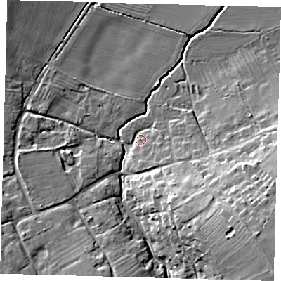 Shaded relief map of the ground around CB234JG, computed from Environment Agency LiDAR. The ground here sits at about 23 m above sea level and falls 22 m across the surrounding 800 m. Surface water reaching this point runs off ground lying to the south-east, 4.3 m higher.