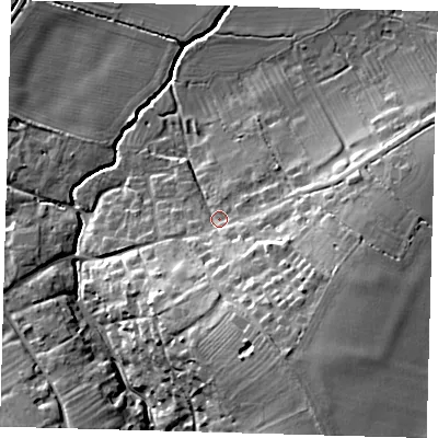 Shaded relief map of the ground around CB234JQ, computed from Environment Agency LiDAR. The ground here sits at about 25 m above sea level and falls 22 m across the surrounding 800 m. Surface water reaching this point runs off ground lying to the south-south-east, 15.0 m higher.