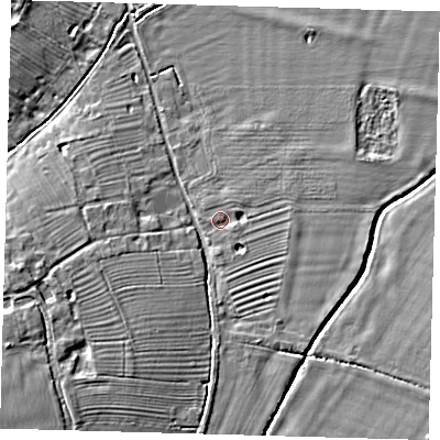 Shaded relief map of the ground around CB234LN, computed from Environment Agency LiDAR. The ground here sits at about 12 m above sea level and falls 9 m across the surrounding 800 m. Surface water reaching this point runs off ground lying to the east-south-east, 2.0 m higher.