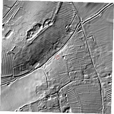 Shaded relief map of the ground around CB234LT, computed from Environment Agency LiDAR. The ground here sits at about 12 m above sea level and falls 10 m across the surrounding 800 m. Surface water reaching this point runs off ground lying to the south-south-west, 8.6 m higher.