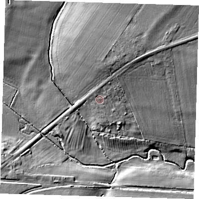 Shaded relief map of the ground around CB237AE, computed from Environment Agency LiDAR. The ground here sits at about 17 m above sea level and falls 12 m across the surrounding 800 m. Surface water reaching this point runs off ground lying to the north-north-east, 3.5 m higher.