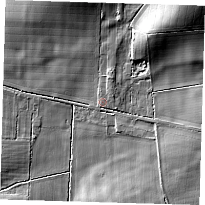 Shaded relief map of the ground around CB237BU, computed from Environment Agency LiDAR. The ground here sits at about 26 m above sea level and falls 23 m across the surrounding 800 m. Surface water reaching this point runs off ground lying to the north-east, 19.2 m higher.