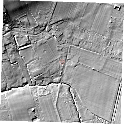 Shaded relief map of the ground around CB237PY, computed from Environment Agency LiDAR. The ground here sits at about 22 m above sea level and falls 27 m across the surrounding 800 m. Surface water reaching this point runs off ground lying to the north-west, 5.1 m higher.