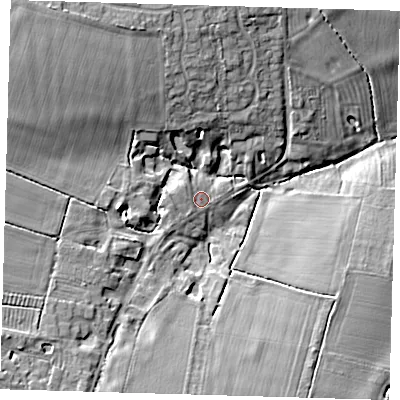Shaded relief map of the ground around CB237QS, computed from Environment Agency LiDAR. The ground here sits at about 59 m above sea level and falls 15 m across the surrounding 800 m. Surface water reaching this point runs off ground lying to the south-west, 7.9 m higher.