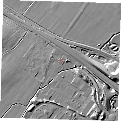 Shaded relief map of the ground around CB238DR, computed from Environment Agency LiDAR. The ground here sits at about 21 m above sea level and falls 14 m across the surrounding 800 m. Surface water reaching this point runs off ground lying to the west-north-west, 1.4 m higher.