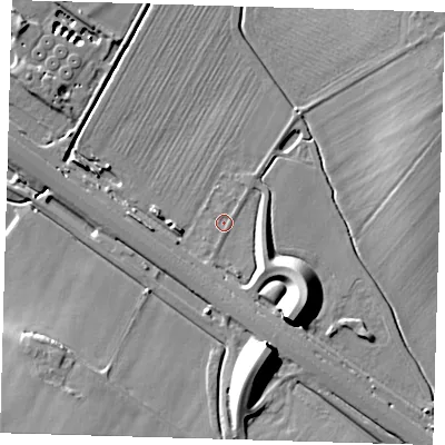 Shaded relief map of the ground around CB238DW, computed from Environment Agency LiDAR. The ground here sits at about 14 m above sea level and falls 20 m across the surrounding 800 m. Surface water reaching this point runs off ground lying to the south-south-east, 11.8 m higher.