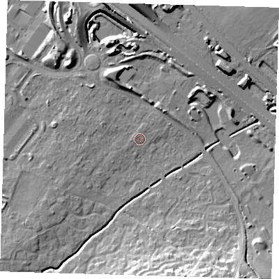 Shaded relief map of the ground around CB238EP, computed from Environment Agency LiDAR. The ground here sits at about 21 m above sea level and falls 18 m across the surrounding 800 m. Surface water reaching this point runs off ground lying to the north-west, 0.7 m higher.