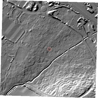 Shaded relief map of the ground around CB238ER, computed from Environment Agency LiDAR. The ground here sits at about 22 m above sea level and falls 25 m across the surrounding 800 m. Surface water reaching this point runs off ground lying to the west, 2.2 m higher.