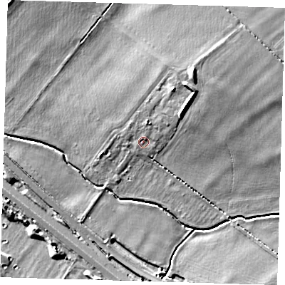 Shaded relief map of the ground around CB238HB, computed from Environment Agency LiDAR. The ground here sits at about 17 m above sea level and falls 10 m across the surrounding 800 m. Surface water reaching this point runs off ground lying to the north, 1.5 m higher.