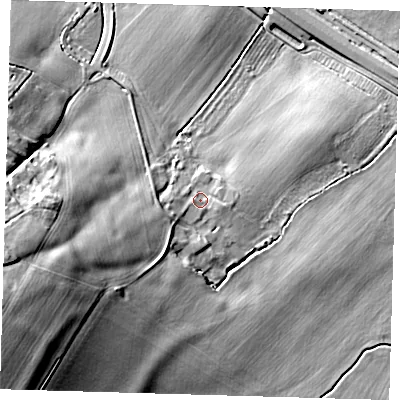 Shaded relief map of the ground around CB238HL, computed from Environment Agency LiDAR. The ground here sits at about 25 m above sea level and falls 28 m across the surrounding 800 m. Surface water reaching this point runs off ground lying to the west-south-west, 19.6 m higher.