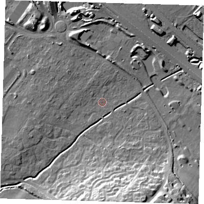 Shaded relief map of the ground around CB238SG, computed from Environment Agency LiDAR. The ground here sits at about 20 m above sea level and falls 25 m across the surrounding 800 m. Surface water reaching this point runs off ground lying to the south, 22.2 m higher.