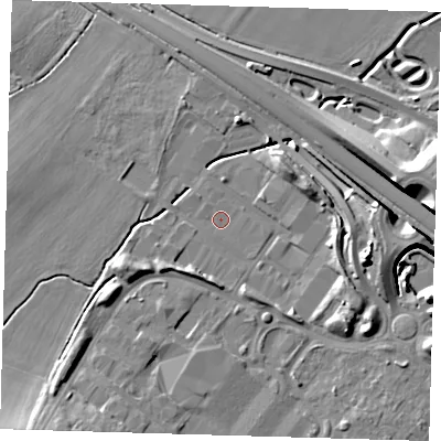 Shaded relief map of the ground around CB238SQ, computed from Environment Agency LiDAR. The ground here sits at about 21 m above sea level and falls 15 m across the surrounding 800 m. Surface water reaching this point runs off ground lying to the south-south-west, 0.5 m higher.