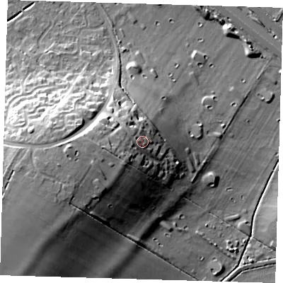Shaded relief map of the ground around CB238SR, computed from Environment Agency LiDAR. The ground here sits at about 37 m above sea level and falls 27 m across the surrounding 800 m. Surface water reaching this point runs off ground lying to the west-south-west, 4.7 m higher.