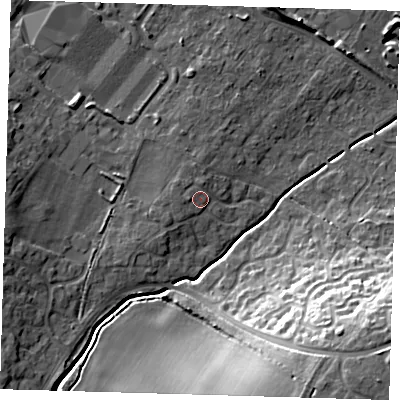 Shaded relief map of the ground around CB238SW, computed from Environment Agency LiDAR. The ground here sits at about 23 m above sea level and falls 25 m across the surrounding 800 m. Surface water reaching this point runs off ground lying to the west, 1.4 m higher.