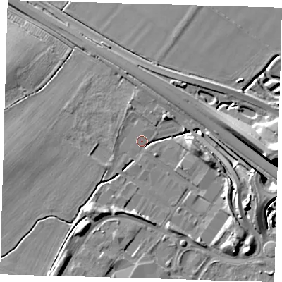 Shaded relief map of the ground around CB238TU, computed from Environment Agency LiDAR. The ground here sits at about 21 m above sea level and falls 14 m across the surrounding 800 m. Surface water reaching this point runs off ground lying to the south-south-west, 7.3 m higher.