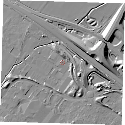 Shaded relief map of the ground around CB238UD, computed from Environment Agency LiDAR. The ground here sits at about 22 m above sea level and falls 15 m across the surrounding 800 m. Surface water reaching this point runs off ground lying to the south-west, 7.8 m higher.