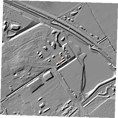 Shaded relief map of the ground around CB241AB, computed from Environment Agency LiDAR. The ground here sits at about 7 m above sea level and falls 8 m across the surrounding 800 m. Surface water reaching this point runs off ground lying to the north, 2.3 m higher.