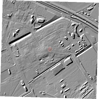 Shaded relief map of the ground around CB241AL, computed from Environment Agency LiDAR. The ground here sits at about 9 m above sea level and falls 8 m across the surrounding 800 m. Surface water reaching this point runs off ground lying to the west, 0.8 m higher.