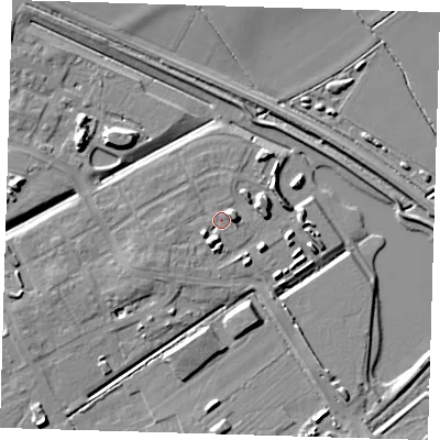 Shaded relief map of the ground around CB241AP, computed from Environment Agency LiDAR. The ground here sits at about 7 m above sea level and falls 8 m across the surrounding 800 m. Surface water reaching this point runs off ground lying to the east-north-east, 4.9 m higher.