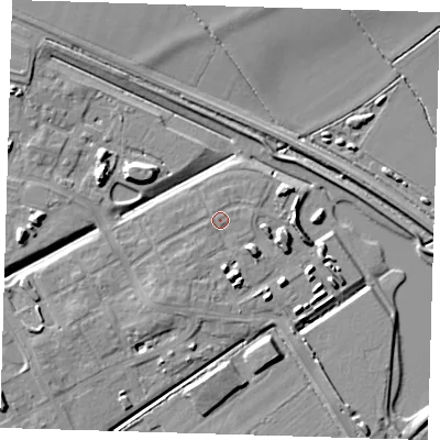 Shaded relief map of the ground around CB241AR, computed from Environment Agency LiDAR. The ground here sits at about 8 m above sea level and falls 8 m across the surrounding 800 m. Surface water reaching this point runs off ground lying to the south-south-east, 4.4 m higher.