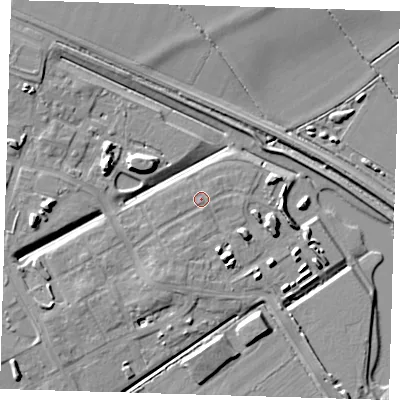 Shaded relief map of the ground around CB241AS, computed from Environment Agency LiDAR. The ground here sits at about 8 m above sea level and falls 8 m across the surrounding 800 m. Surface water reaching this point runs off ground lying to the south-south-west, 1.4 m higher.