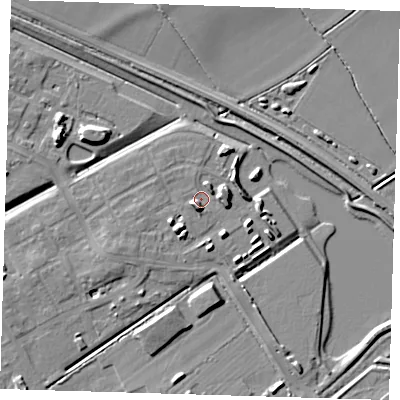 Shaded relief map of the ground around CB241AT, computed from Environment Agency LiDAR. The ground here sits at about 7 m above sea level and falls 8 m across the surrounding 800 m. Surface water reaching this point runs off ground lying to the south-south-west, 4.9 m higher.